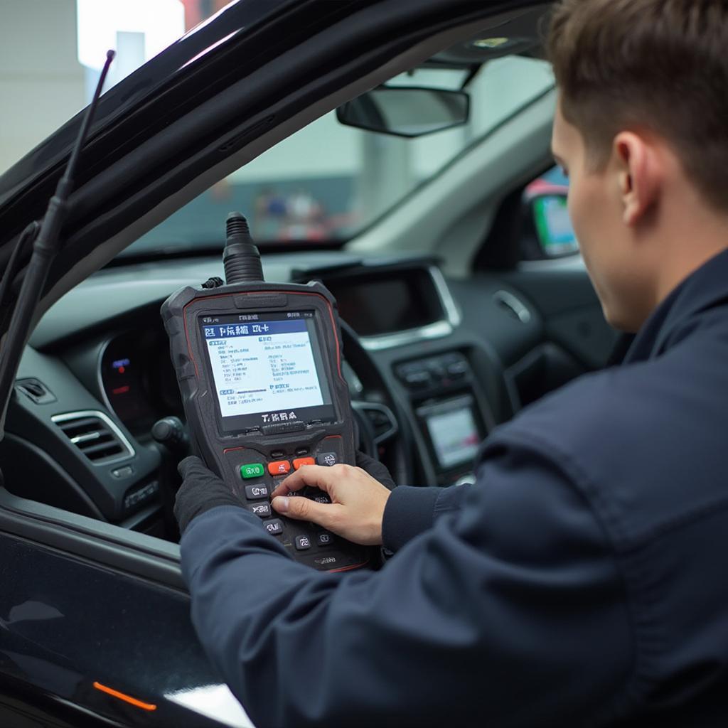 Mechanic Using OBD2 China VCDS in a Workshop