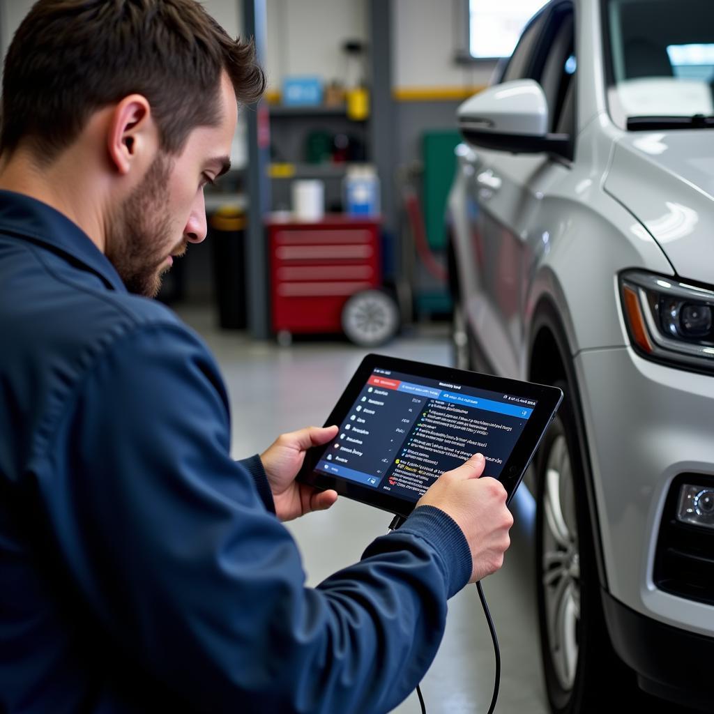 Mechanic Using OBD2 Dongle to Diagnose Car Problem