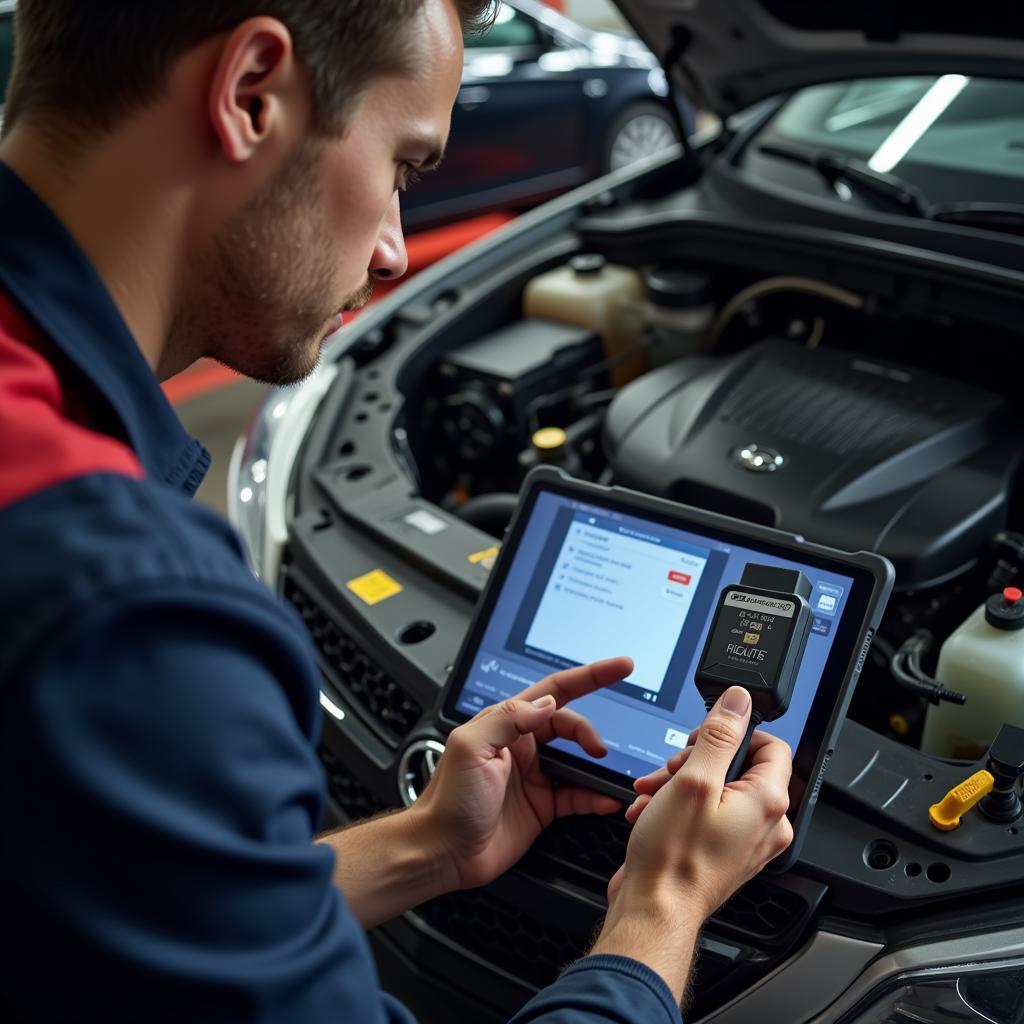 Mechanic using OBD2 Interface Bluetooth for Diagnostics