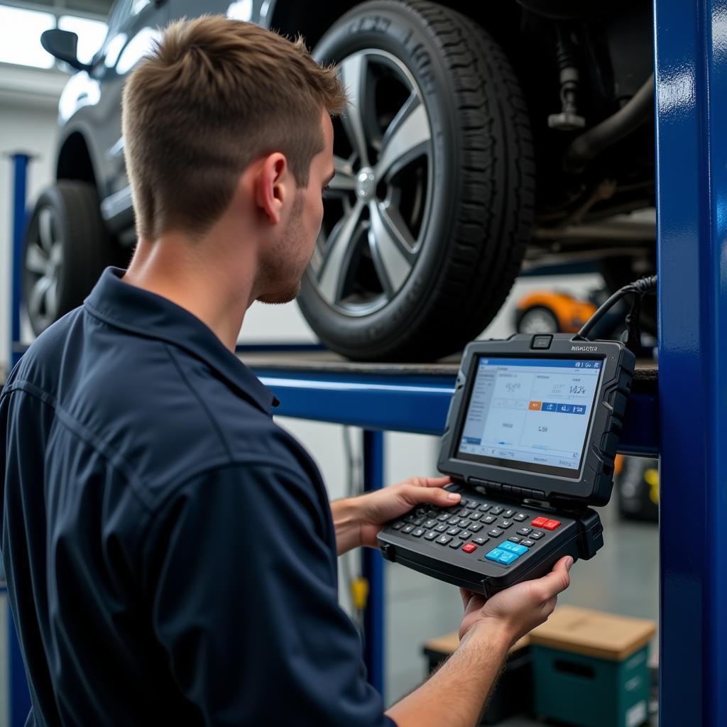 Mechanic using OBD2 monitor to diagnose car problem in workshop