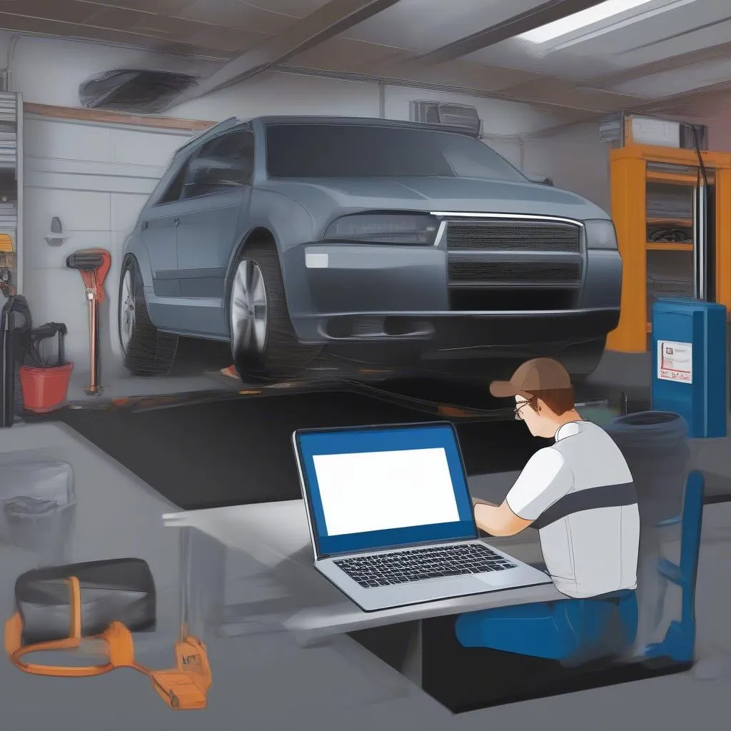 Mechanic using an OBD2 PC scanner in a garage