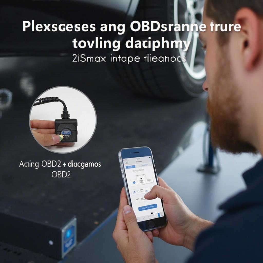 Mechanic using an OBD2 programmer and iPhone in a garage