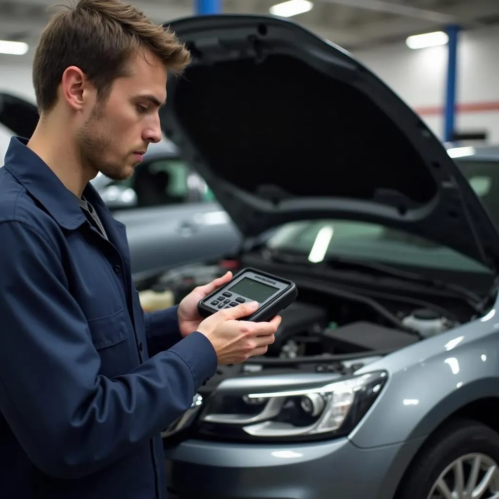 Mechanic Using OBD2 Reader on Car with Open Hood