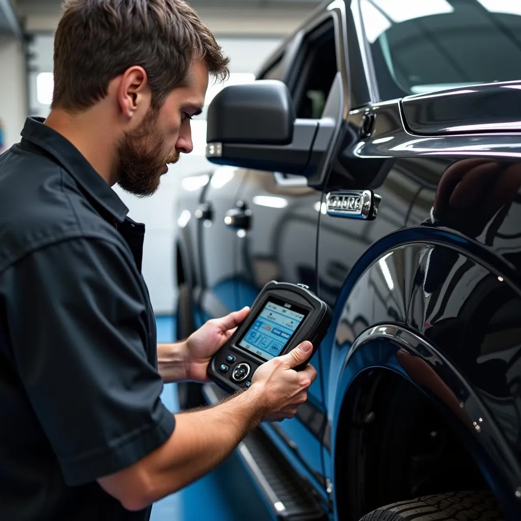 Mechanic Using OBD2 Reader on a Ford F-150