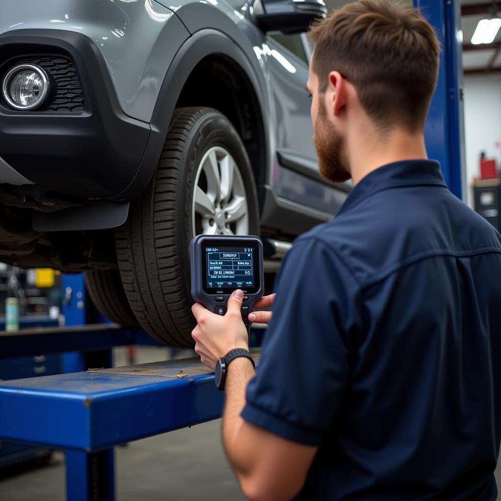 Mechanic Using OBD2 RPM Gauge for Diagnostics