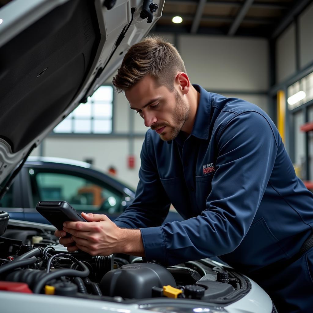 Mechanic using an OBD2 scan tool on a car in a garage