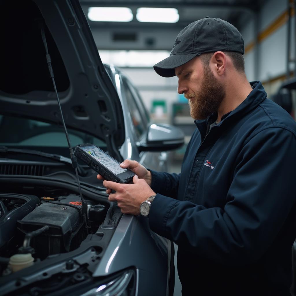 Mechanic Using an OBD2 Scan Tool on a Car