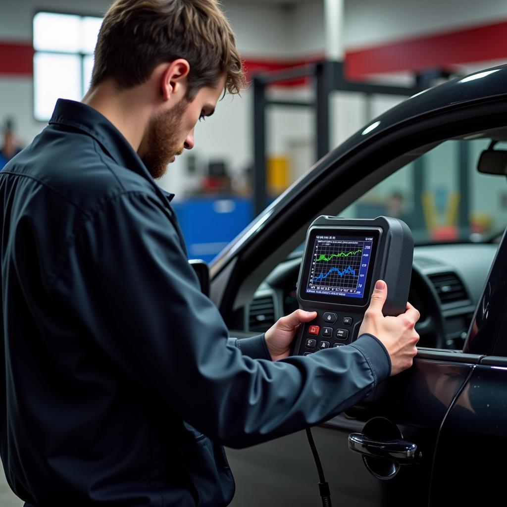 Mechanic Using OBD2 Scan Tool to Diagnose Car Problem