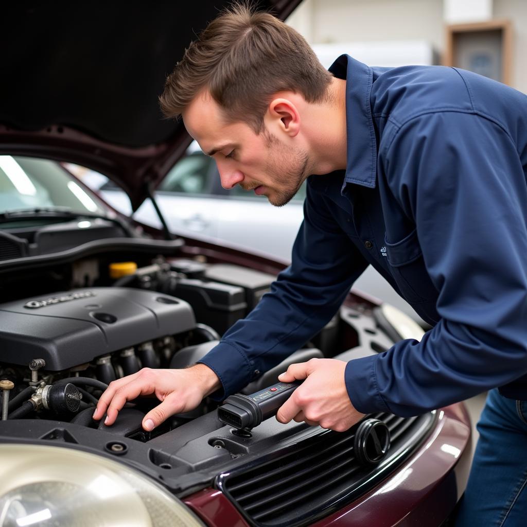 Mechanic Diagnosing a 1995 Car with an OBD2 Scanner