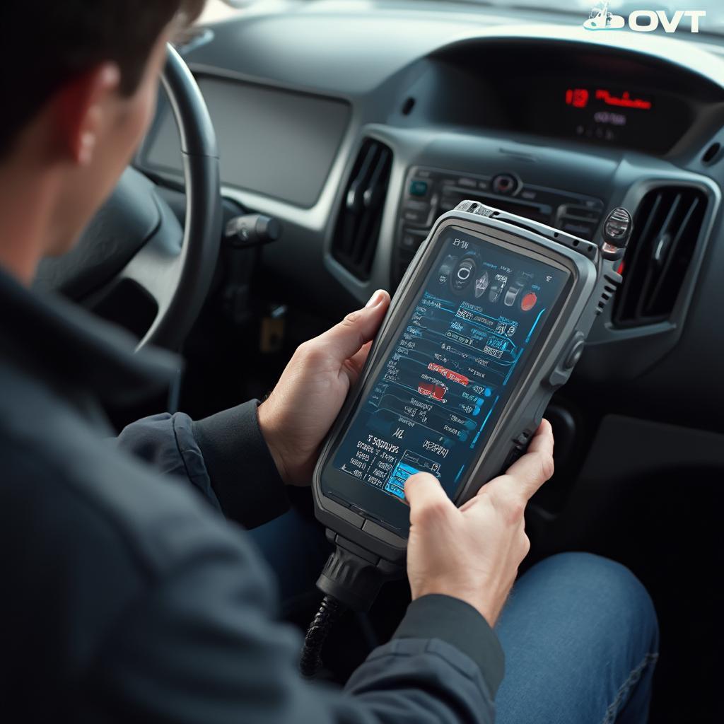 Mechanic Using OBD2 Scanner on a 2008 Model Car