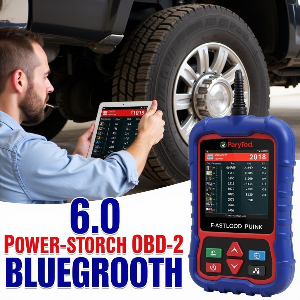 Mechanic using OBD2 scanner on a 6.0 Powerstroke engine