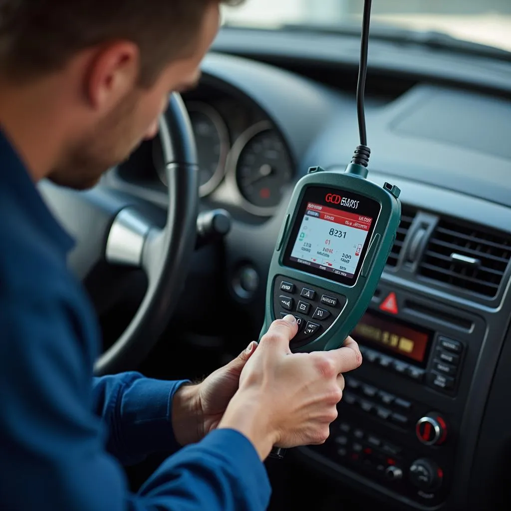 Mechanic Diagnosing Car with OBD2 Scanner