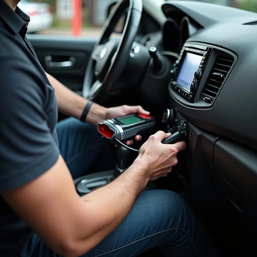 Mechanic using OBD2 scanner on a car