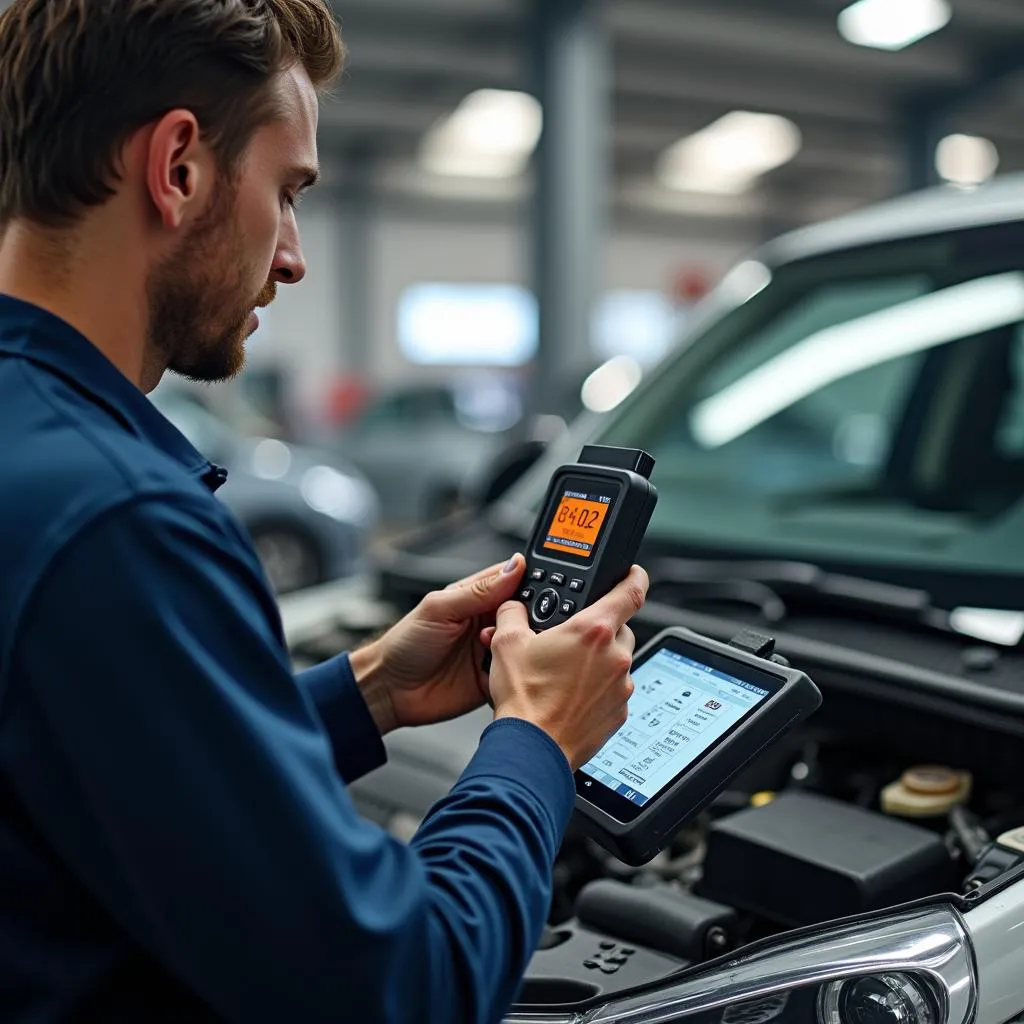 Mechanic Using OBD2 Scanner on a Car