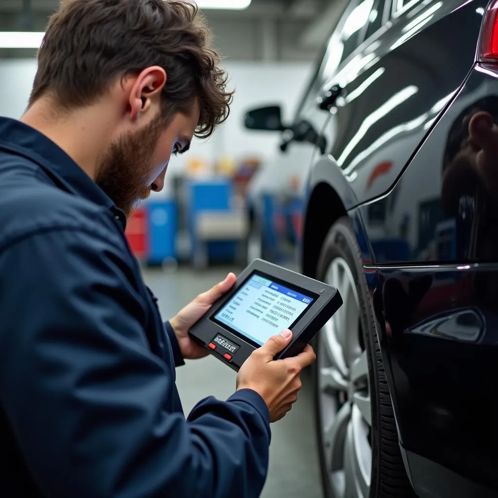 Mechanic diagnosing a car with an OBD2 scanner