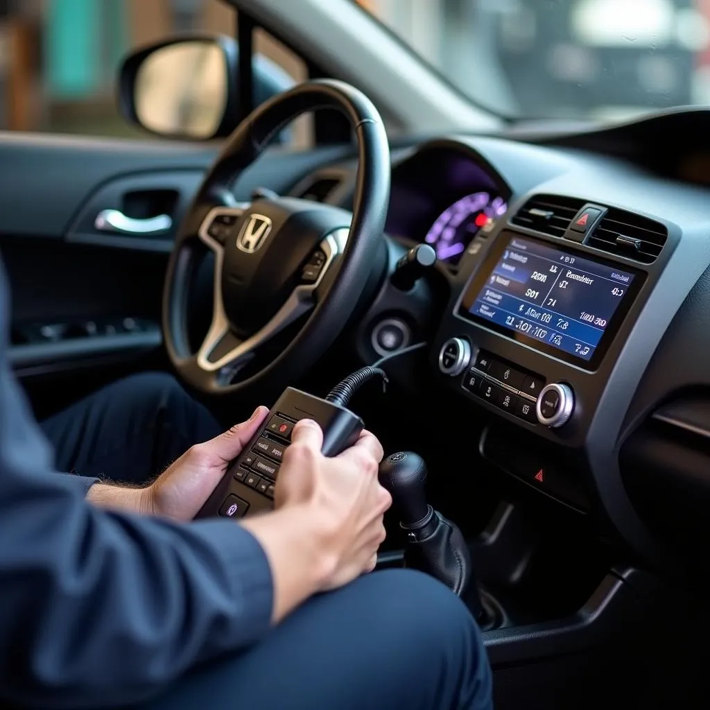 Mechanic Using OBD2 Scanner on a Honda Civic