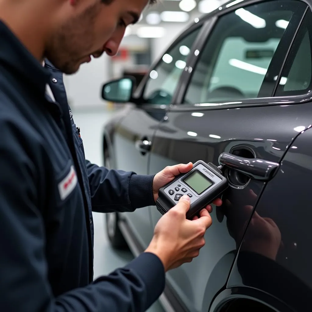 Mechanic Using OBD2 Scanner on a Vehicle