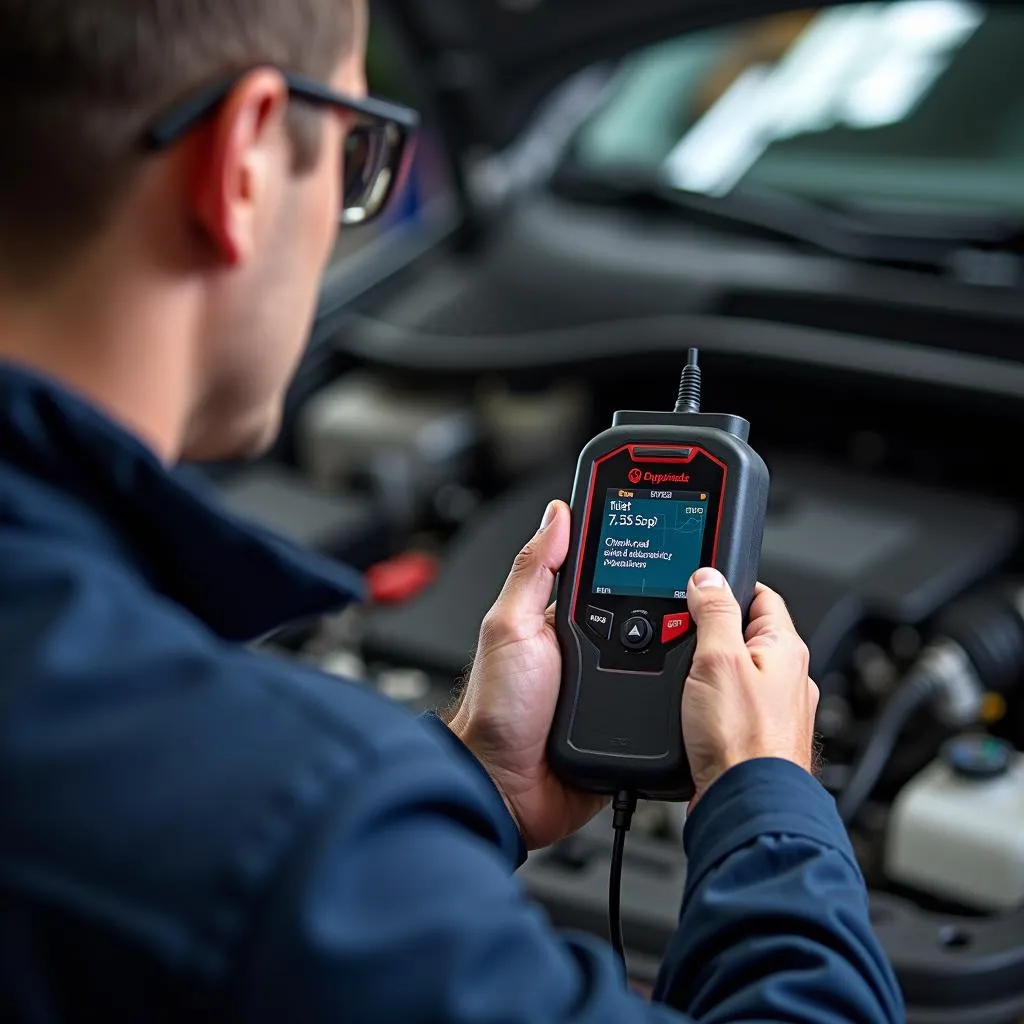 Mechanic Diagnosing Car with OBD2 Scanner