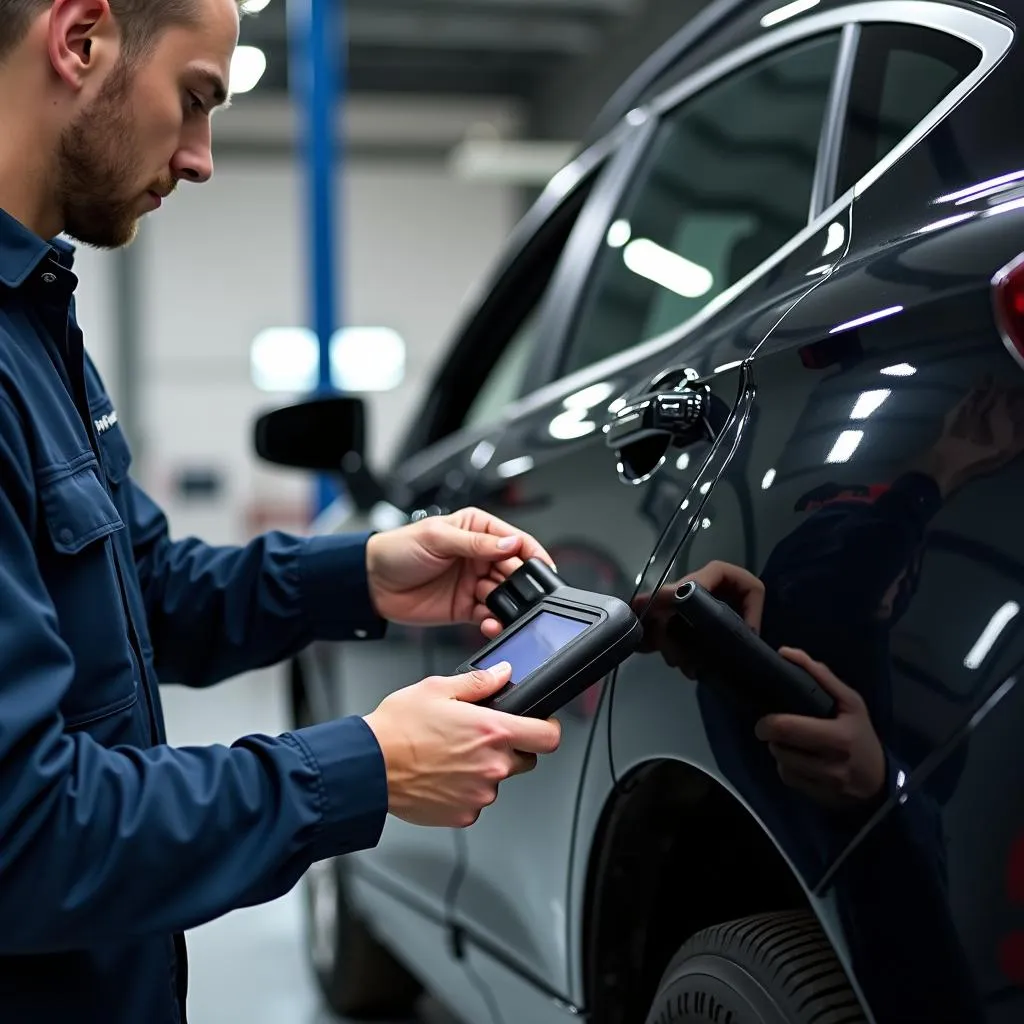 Mechanic using an OBD2 scanner on a car