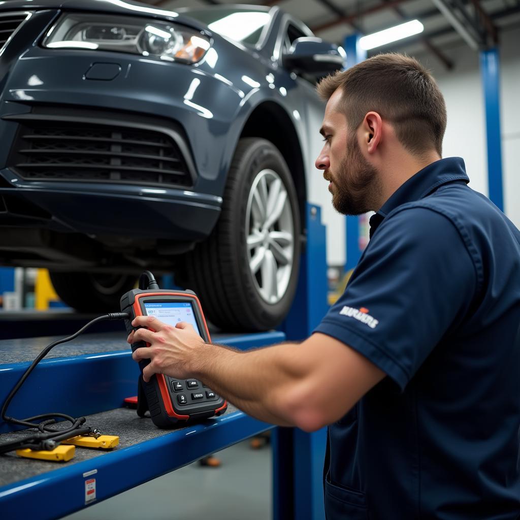 Mechanic Using OBD2 Scanner in Garage