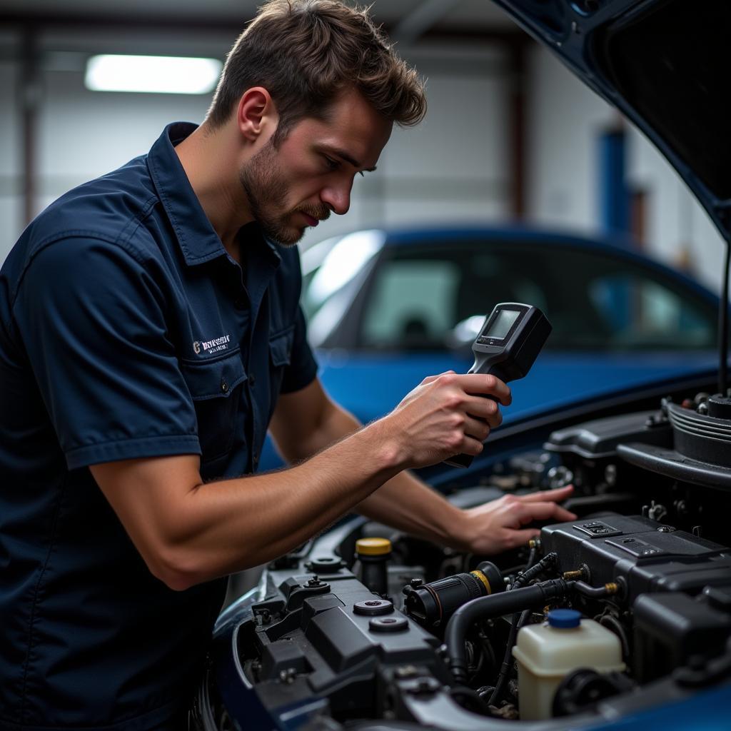 Mechanic using an OBD2 scanner on a car