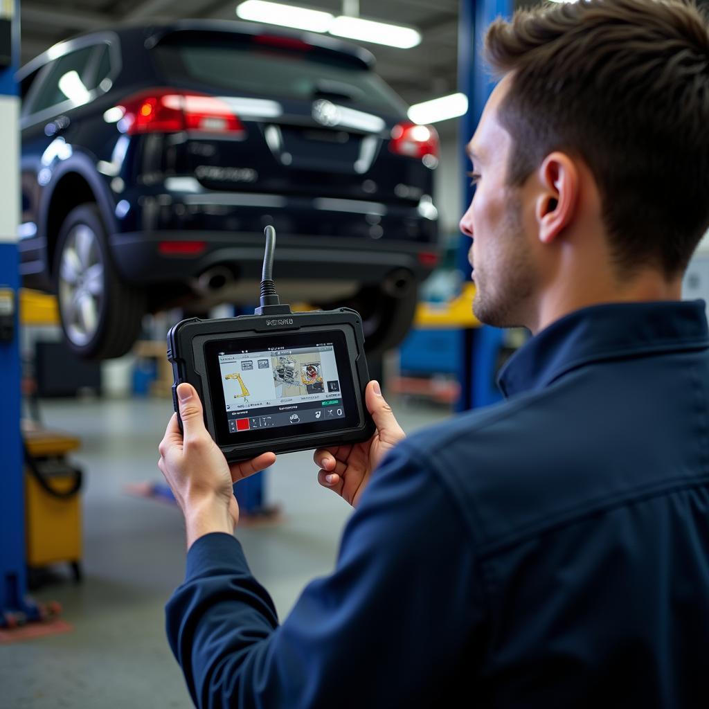 Mechanic using an OBD2 scanner to diagnose car problems