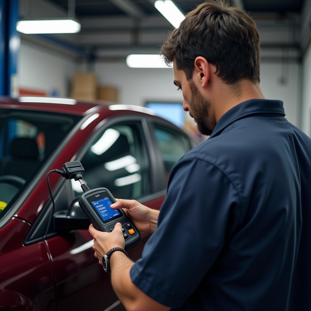 Mechanic Using an OBD2 Scanner in a Garage