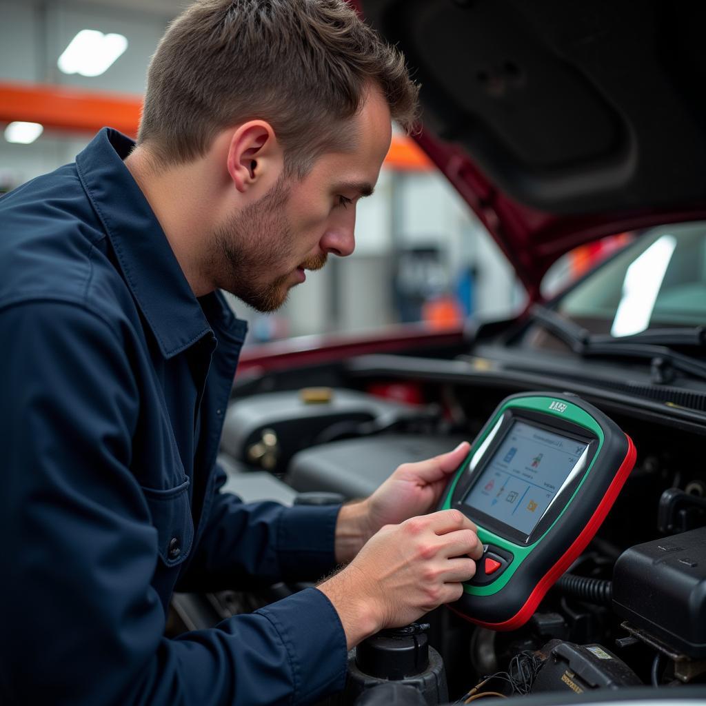 Mechanic Using OBD2 Scanner for Diagnostics