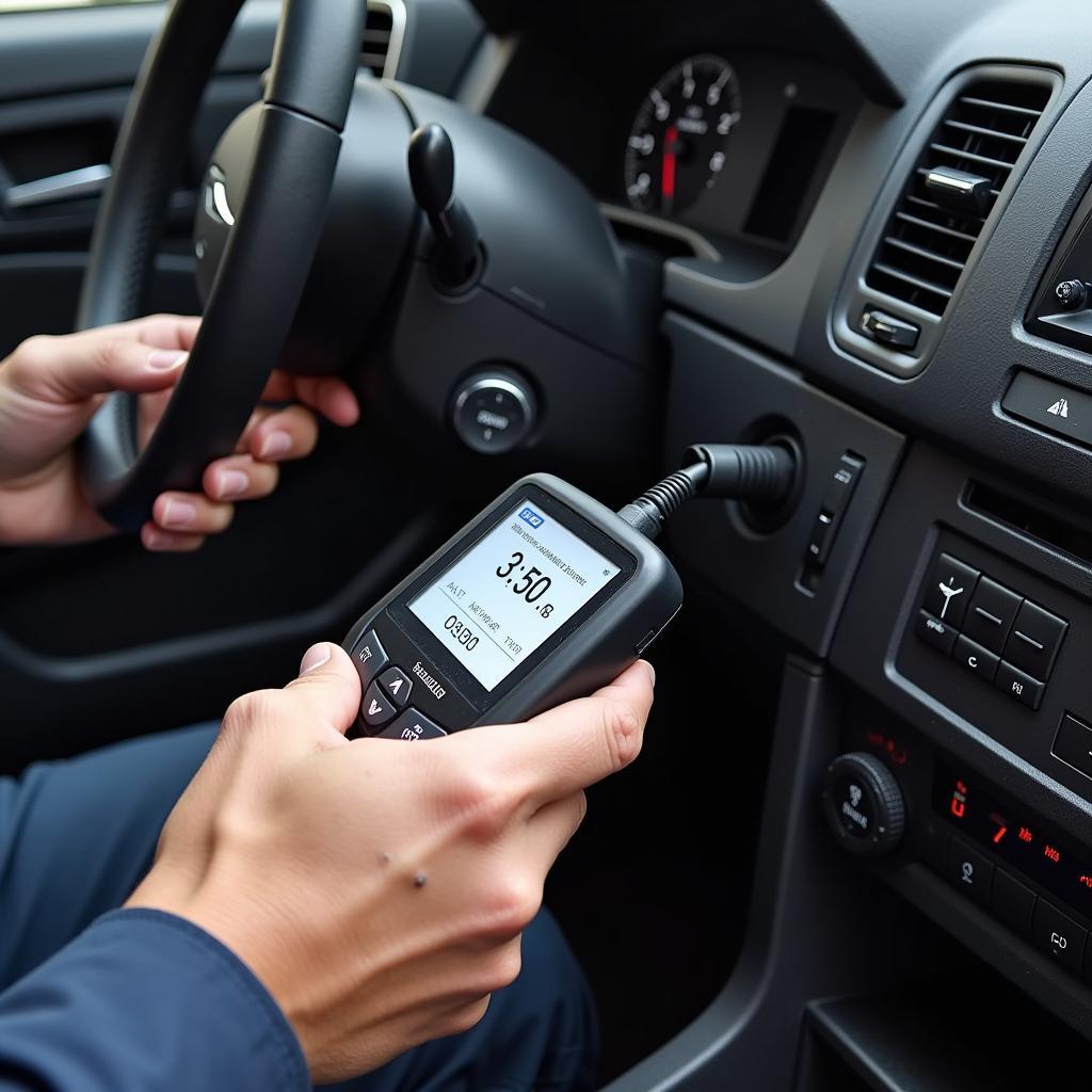 Mechanic Using OBD2 Scanner on a Car