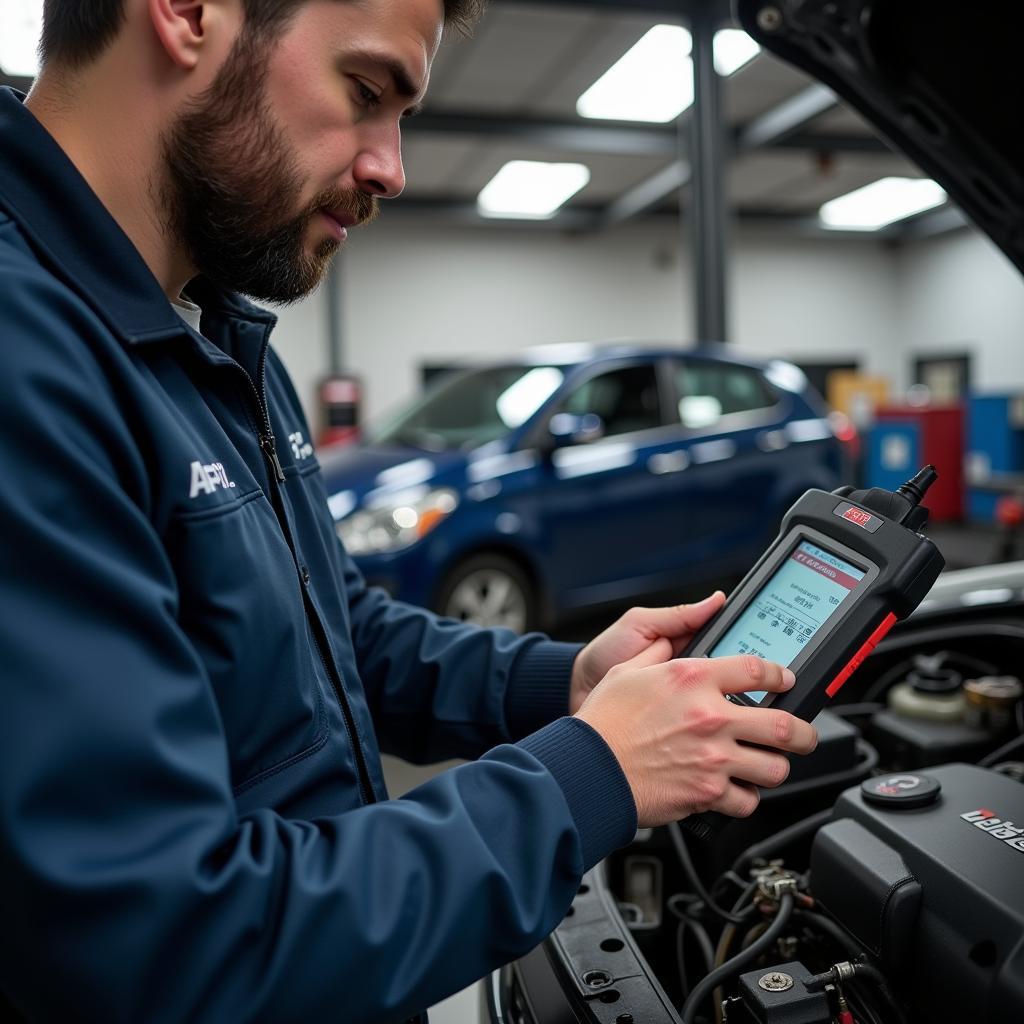 Mechanic using an OBD2 scanner to diagnose a car problem