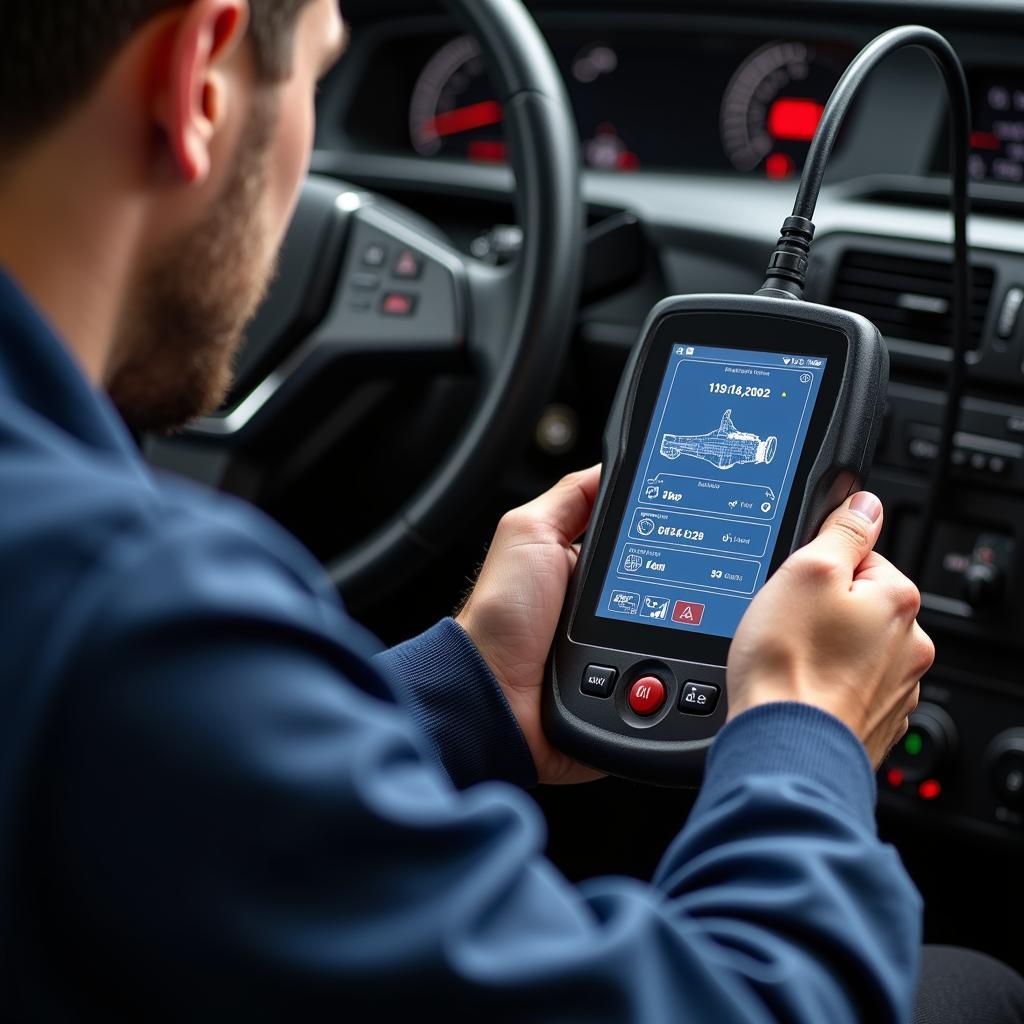 Mechanic using an OBD2 scanner to diagnose car problems