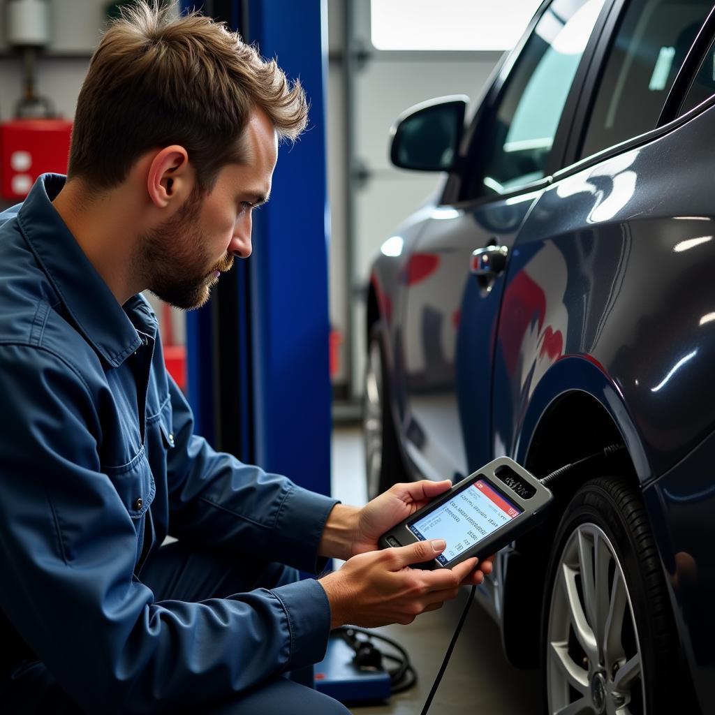 Mechanic Diagnosing a Car with an OBD2 Scanner