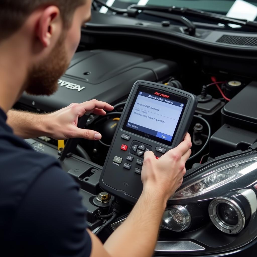 Mechanic using an OBD2 scanner on a car