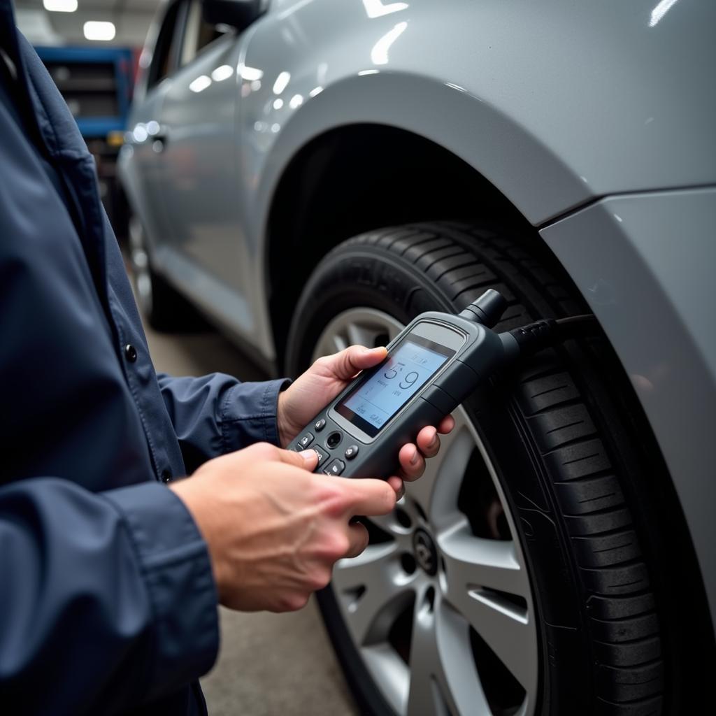 Mechanic diagnosing a car with an OBD2 scanner