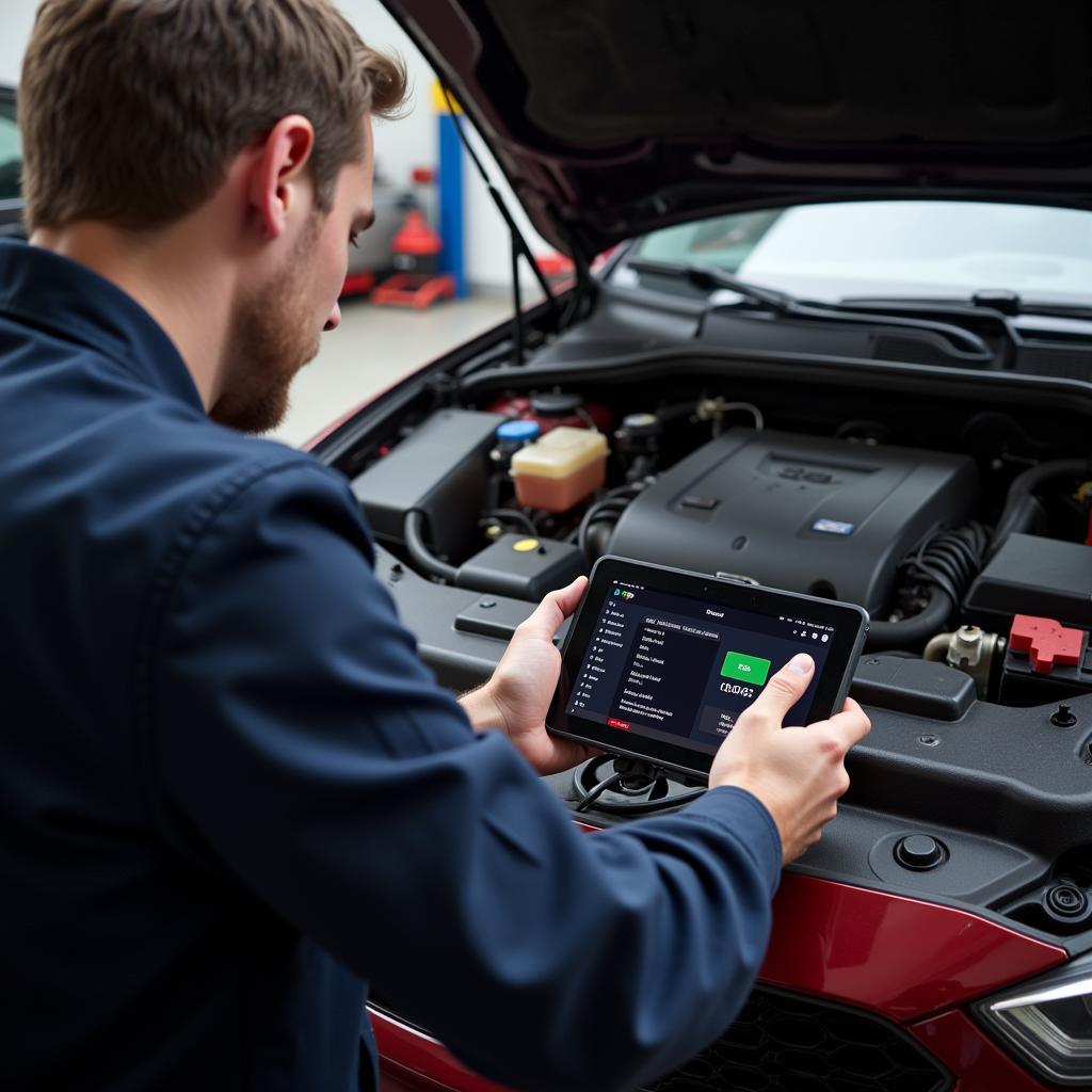 Mechanic Using Crowdfunded OBD2 Scanner in Garage