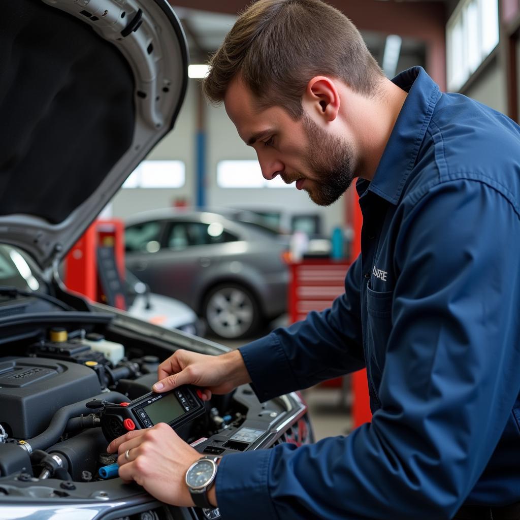 Mechanic using an OBD2 scanner to diagnose a car