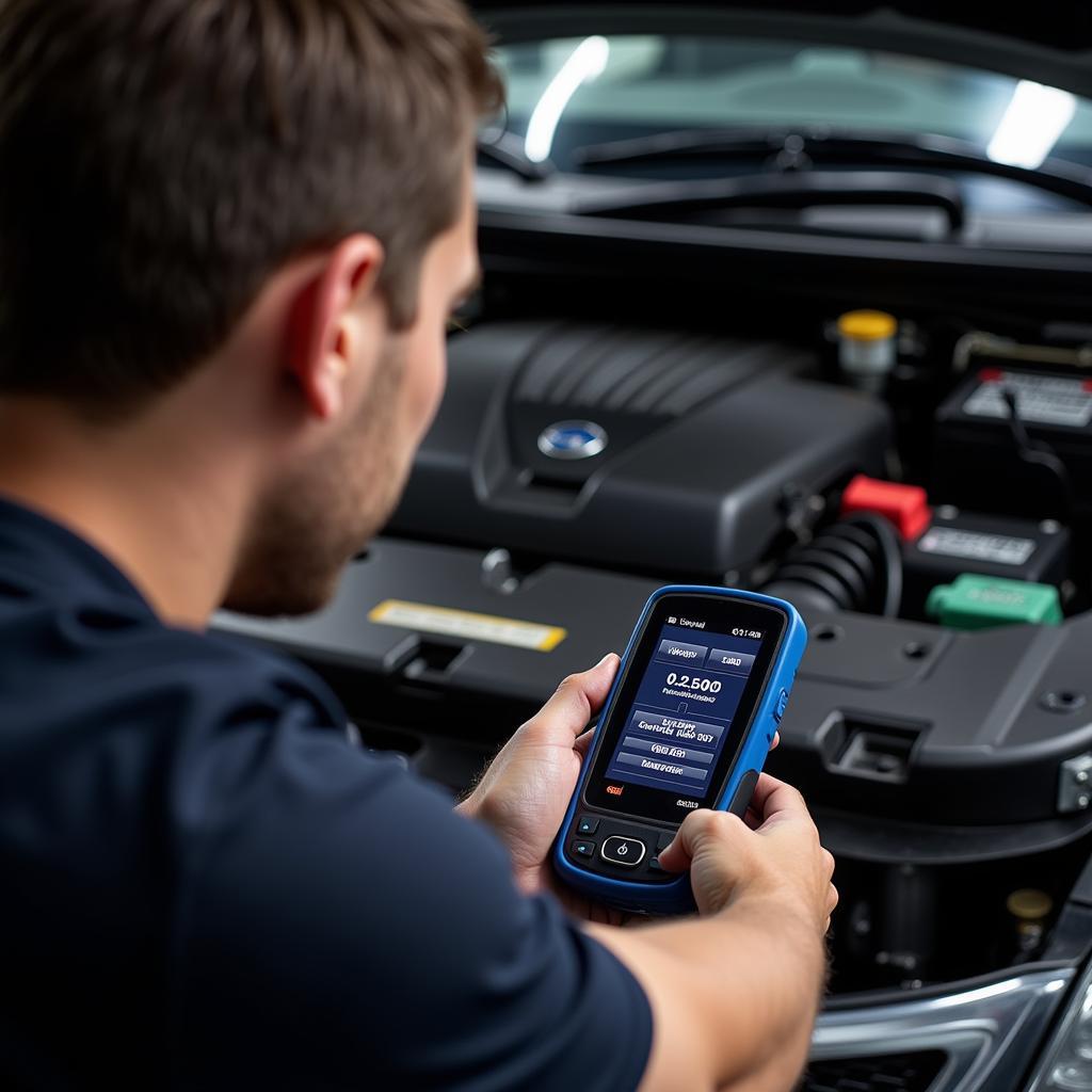 Mechanic Diagnosing Car with OBD2 Scanner