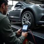 Mechanic diagnosing a car with an OBD2 scanner