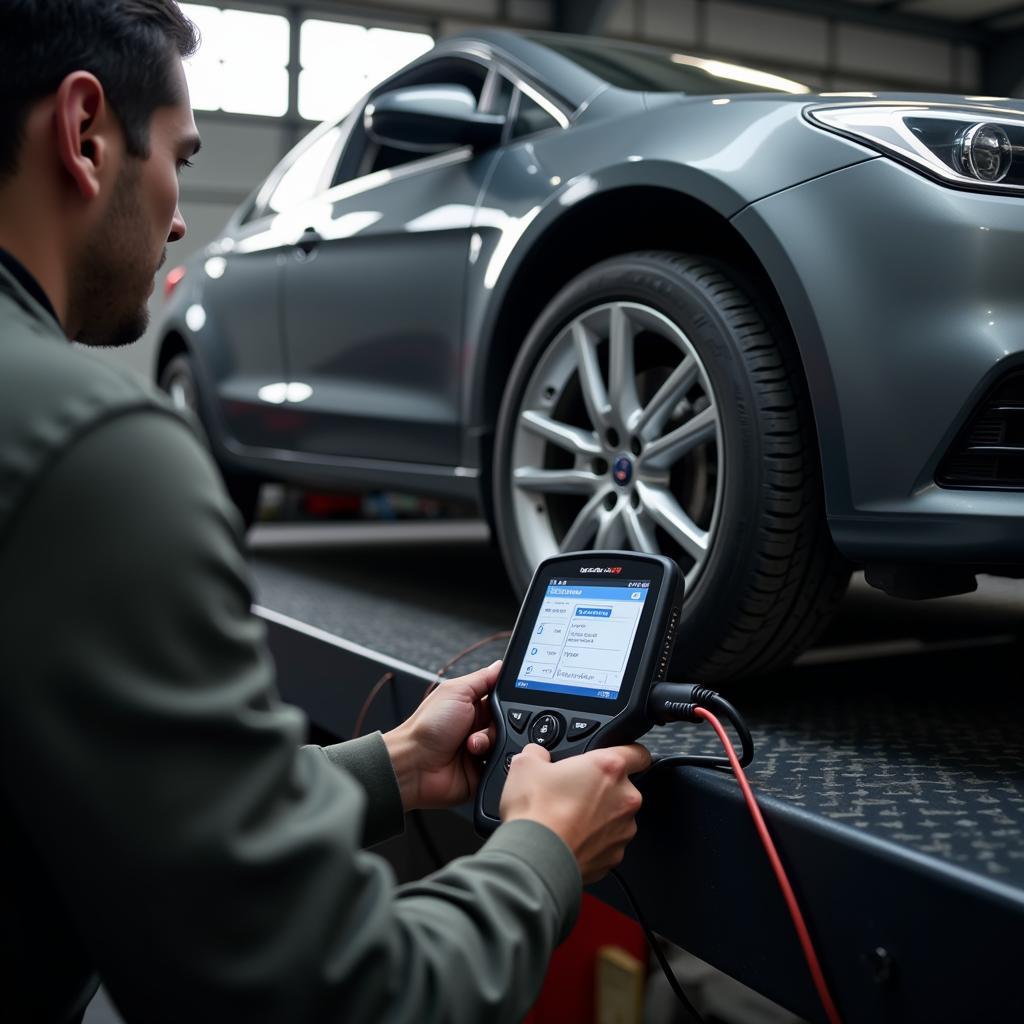 Mechanic diagnosing a car with an OBD2 scanner