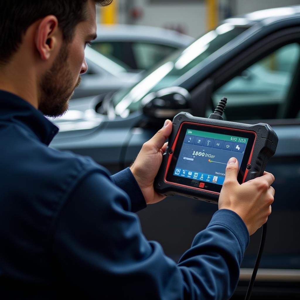 Mechanic using an advanced OBD2 scanner in a garage