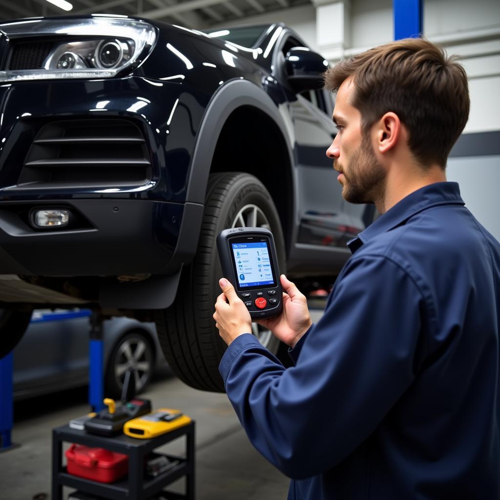 Mechanic diagnosing car with OBD2 scanner