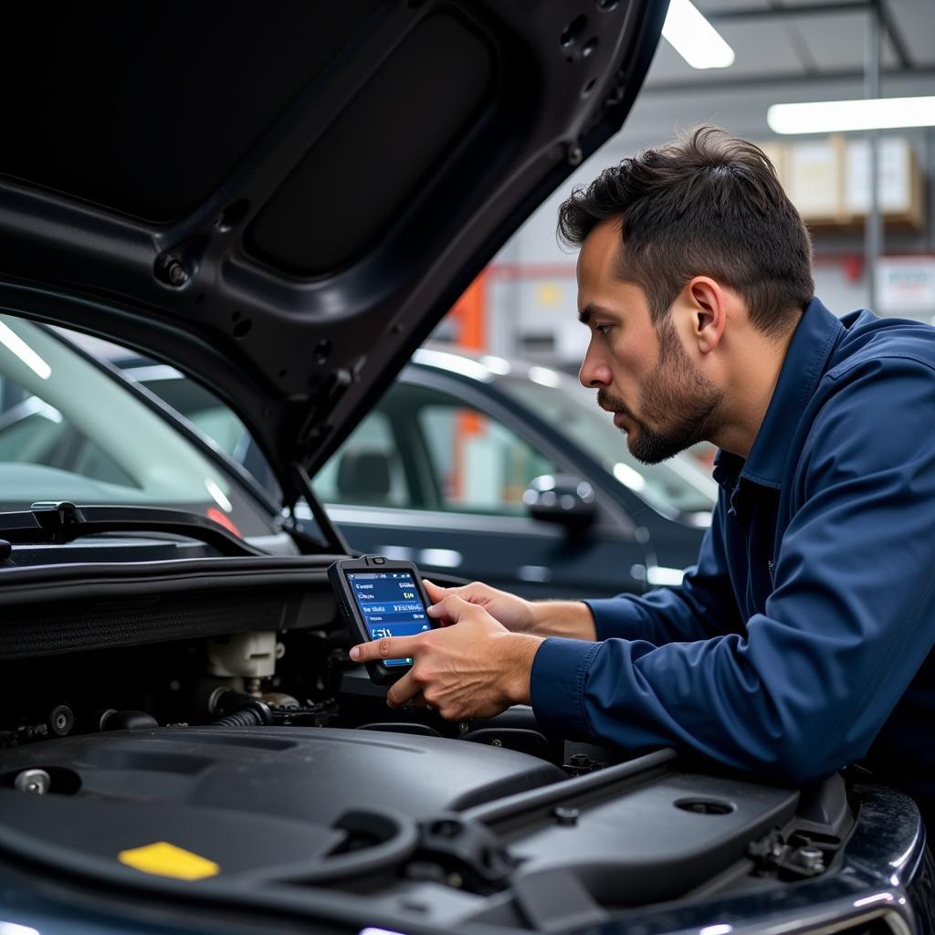 Mechanic Diagnosing Car with OBD2 Scanner