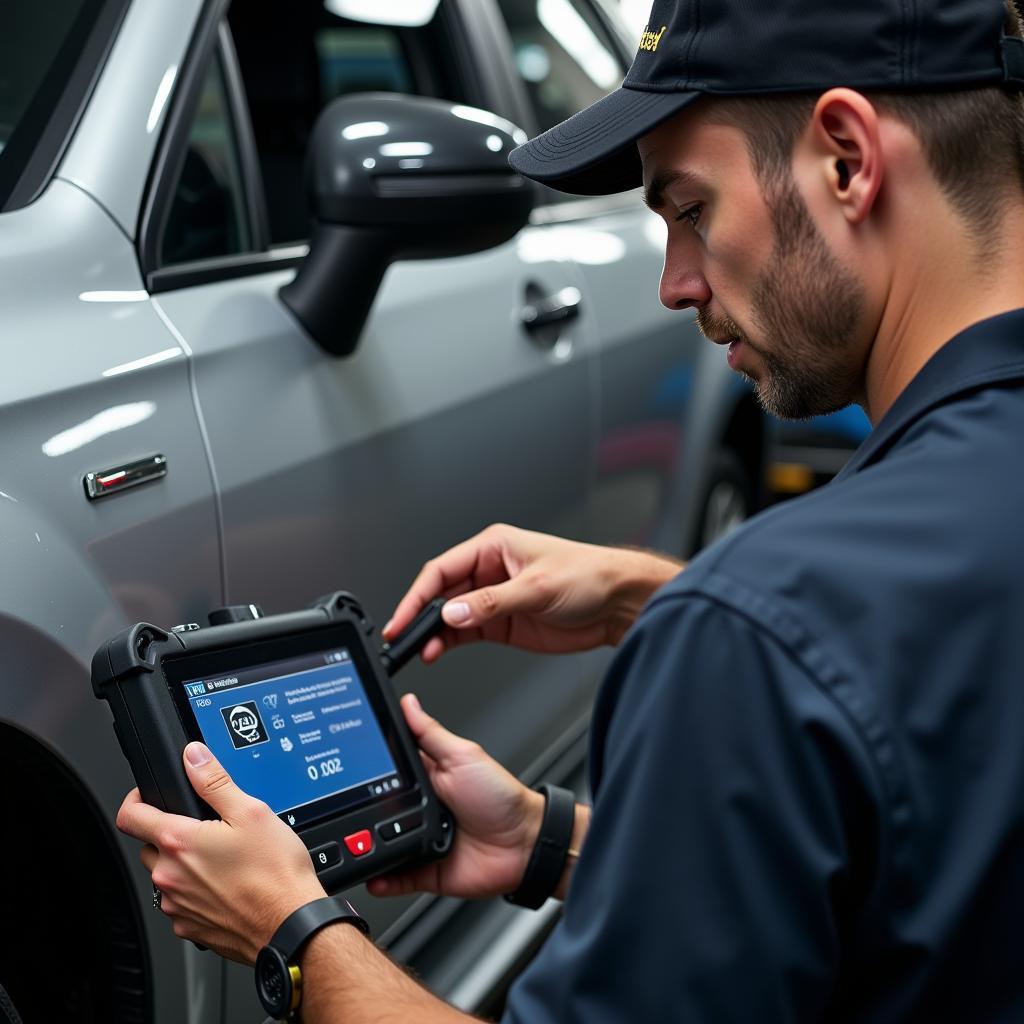 Mechanic using OBD2 scanner on a modern car