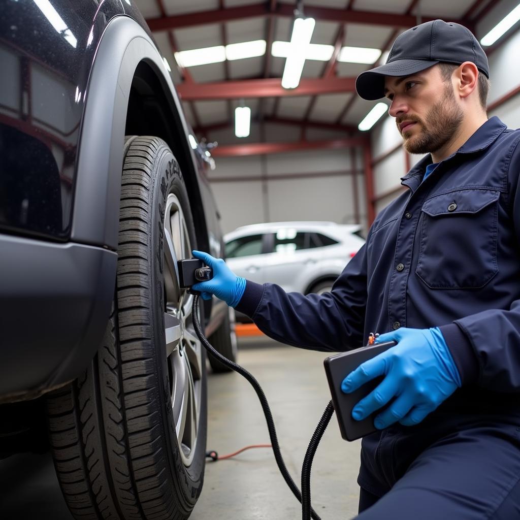 Mechanic using an OBD2 scanner to diagnose a car problem