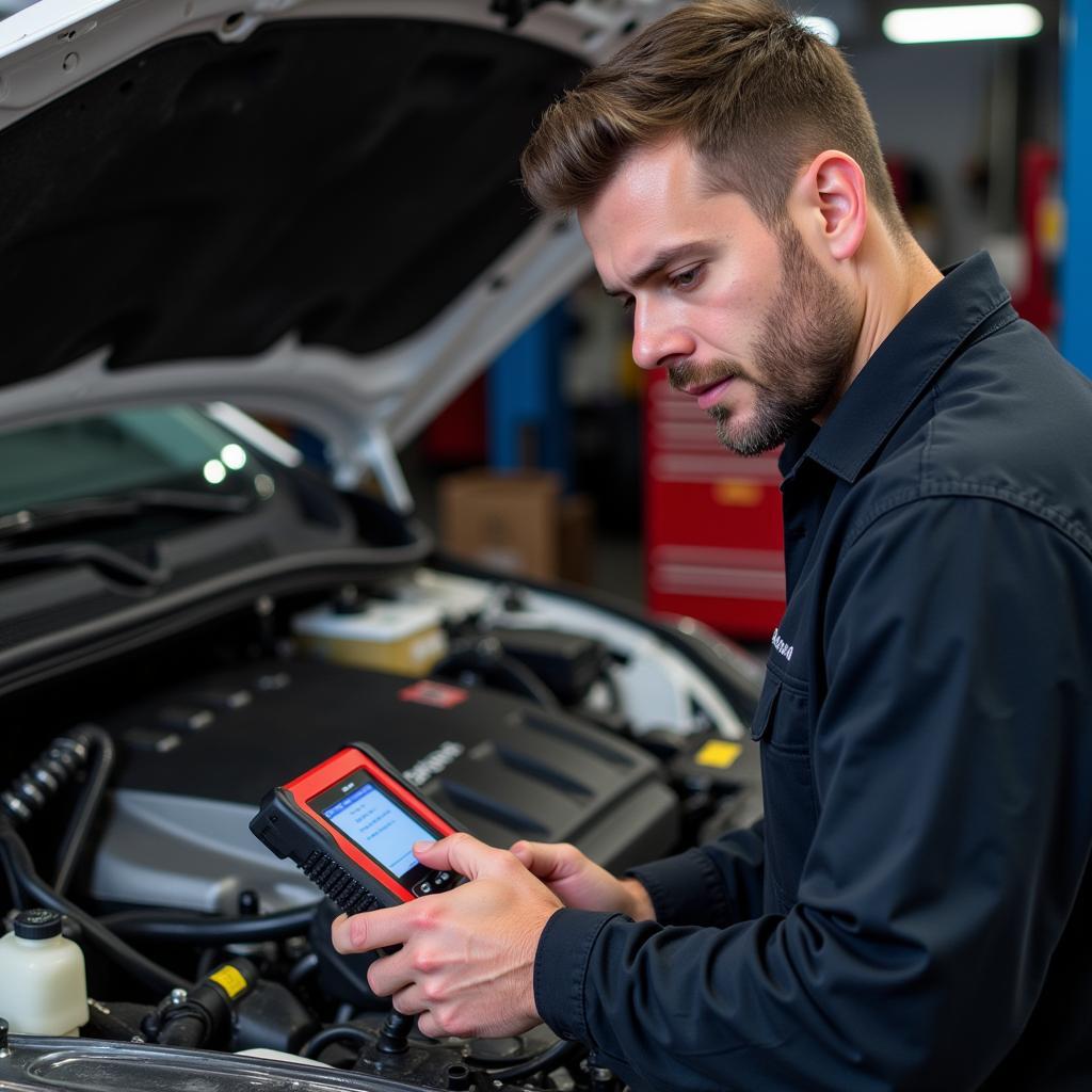 Mechanic Diagnosing Car with OBD2 Scanner