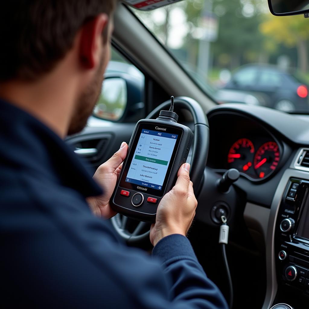 Mechanic Using an OBD2 Scanner on a Vehicle