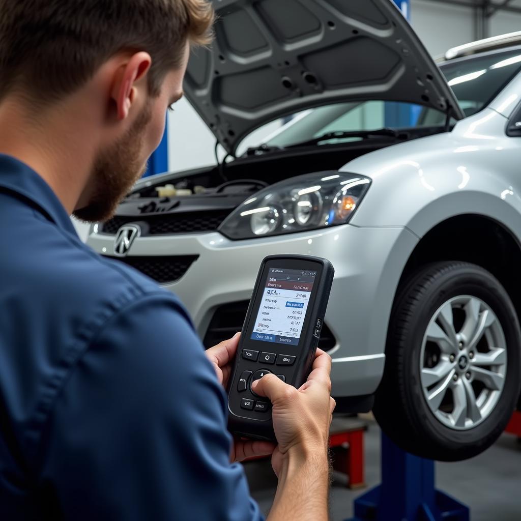 Mechanic using an OBD2 scanner to diagnose a car engine