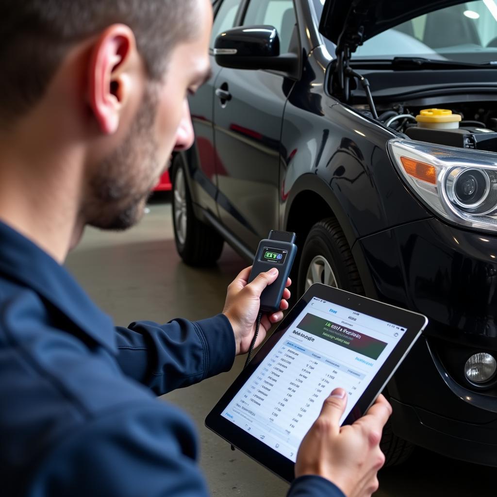 Mechanic Using OBD2 Scanner and iPad to Diagnose Car Problem