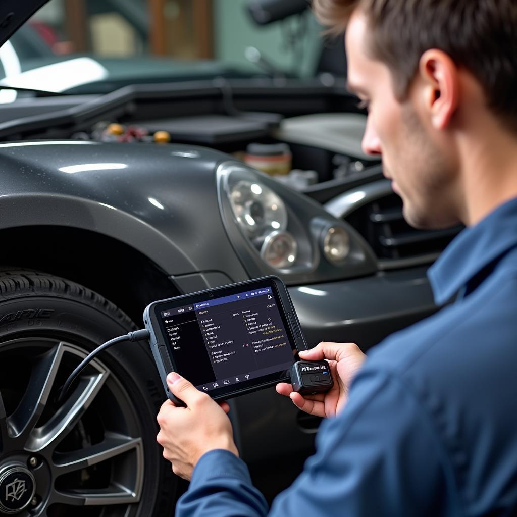 Mechanic using a Bluetooth OBD2 scanner to diagnose a car problem