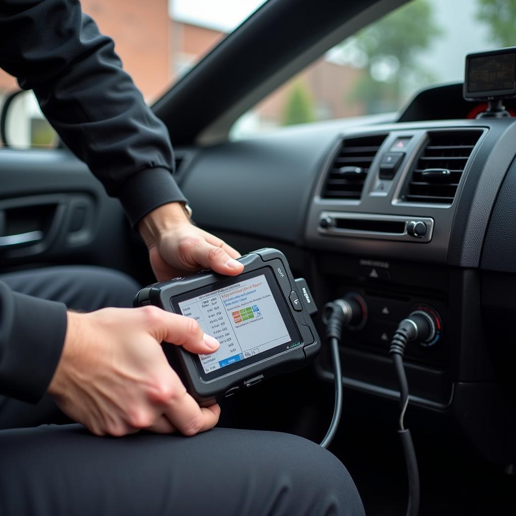 Mechanic using an OBD2 scanner on a car